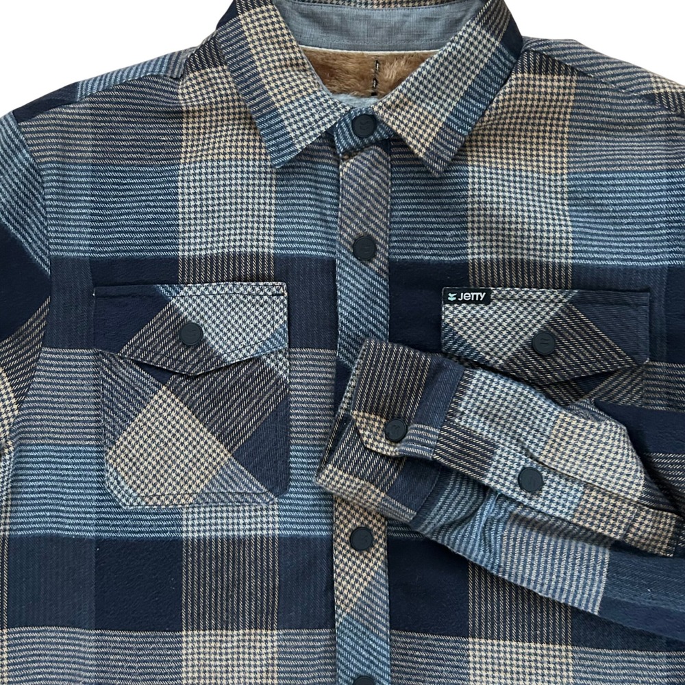 Jetty Marine Supply Co Mens Small Plaid Faux Fur Lined Flannel Shirt Jacket Navy
